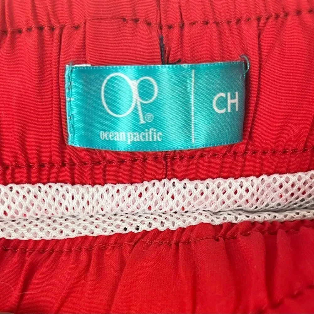 OP Men’s Swim Trunks NWT Navy/White Vertical Striped w/Red Anchors Elastic Waist